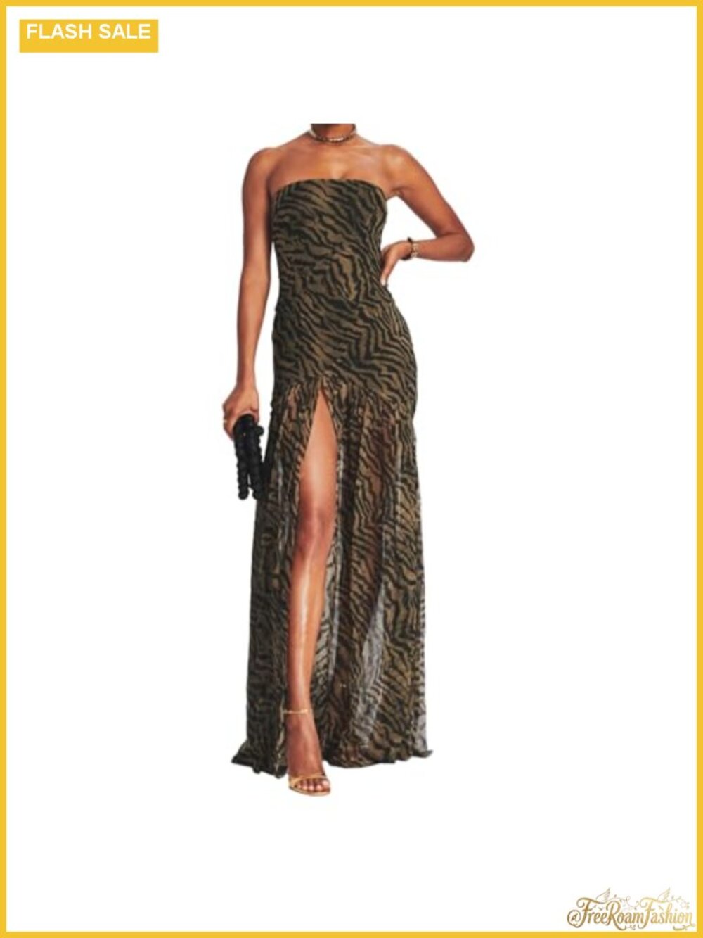 Sexy Tiger Stripe Mesh Patchwork Tube Maxi Dress High Slit Strapless